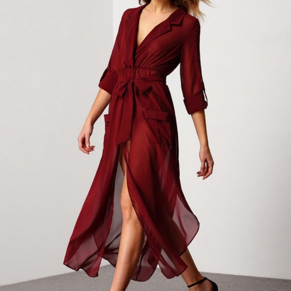 Dresses & Skirts - Red Deep V Neck Self-Tie Pockets Chiffon Dress